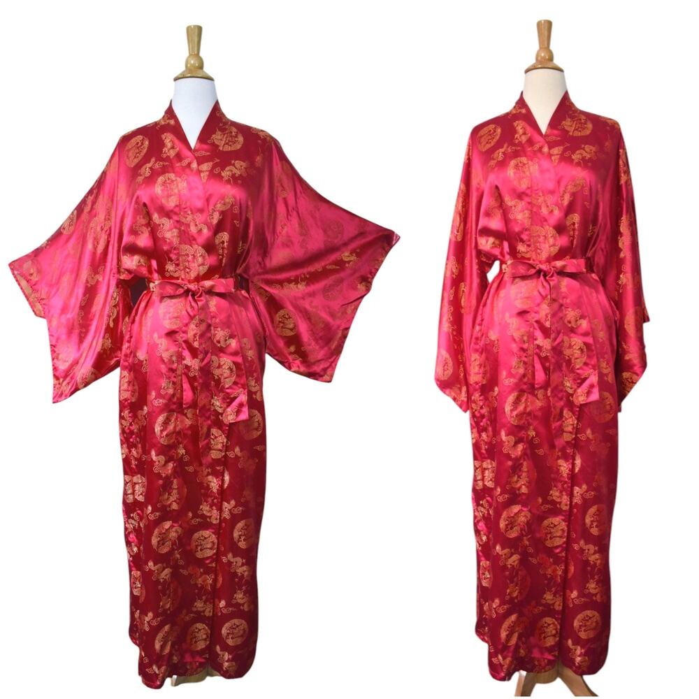Vintage 80s Jade Pink Golden Novelty Dragon Asian Kosode Sleeve Kimono Robe